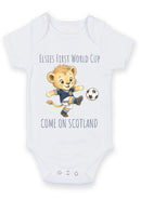 Personalised First World Cup Scotland Baby Grow – Custom Name Scotland Football Baby Bodysuit – Come On Scotland Lion Design – Scottish Football Fan Baby Romper – Newborn Supporter Gift