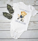 Personalized First World Cup Scotland Baby Grow – Custom Name Scotland Football Baby Bodysuit – Come On Scotland Lion Design – Scottish Football Fan Baby Romper – Newborn Supporter Gift