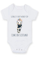 Personalized First World Cup Scotland Baby Grow – Custom Name Scotland Football Baby Bodysuit – Come On Scotland Unicorn Design – Cute Scotland Supporter Baby Romper – Newborn Football Fan Gift