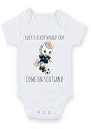 Personalized First World Cup Scotland Baby Grow – Custom Name Scotland Football Baby Bodysuit – Come On Scotland Unicorn Design – Scotland Supporter Baby Romper – Newborn Football Fan Gift