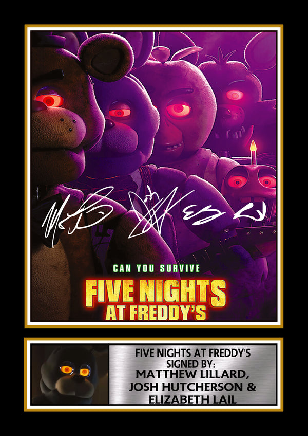 Five Nights at Freddy’s Printed Signature Poster – Matthew Lillard, Josh Hutcherson & Elizabeth Lail Horror Movie Wall Art – Reproduction Print