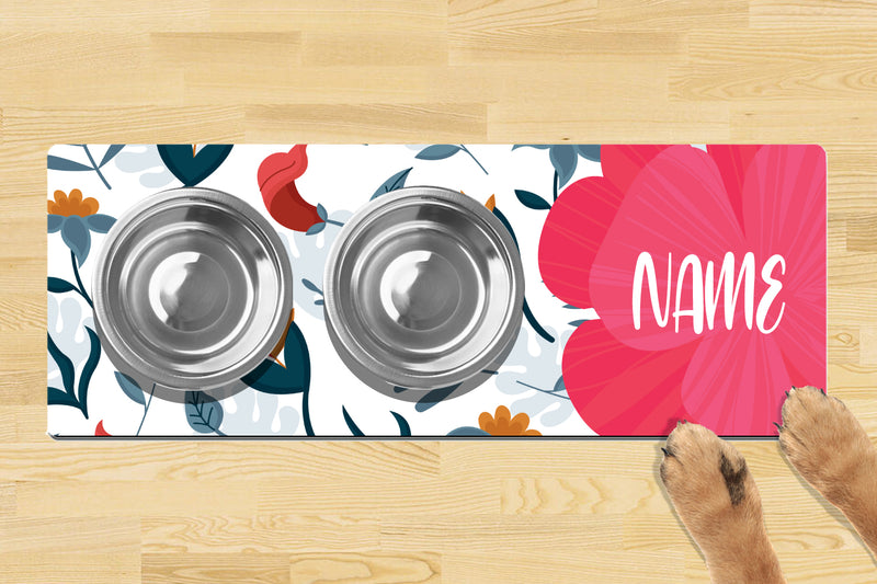 Personalised Dog Bowl Mat (880mm x 300mm)(2 Bowl Design) - Flower Dog