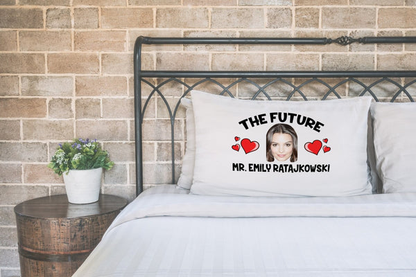 Future Mr Emily Ratajkowski pillow case printed on a white pillow on a made bed