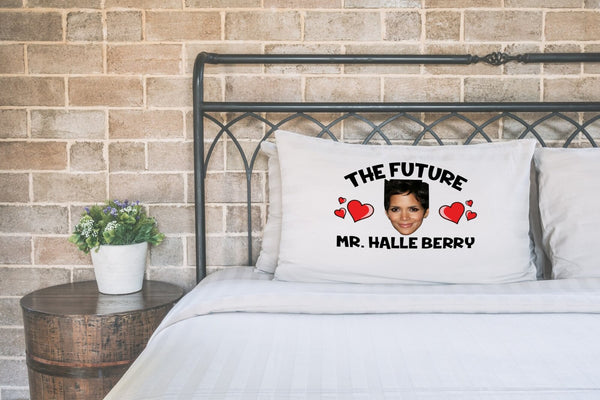 Future Mr Halle Berry pillow case printed on a white pillow on a made bed