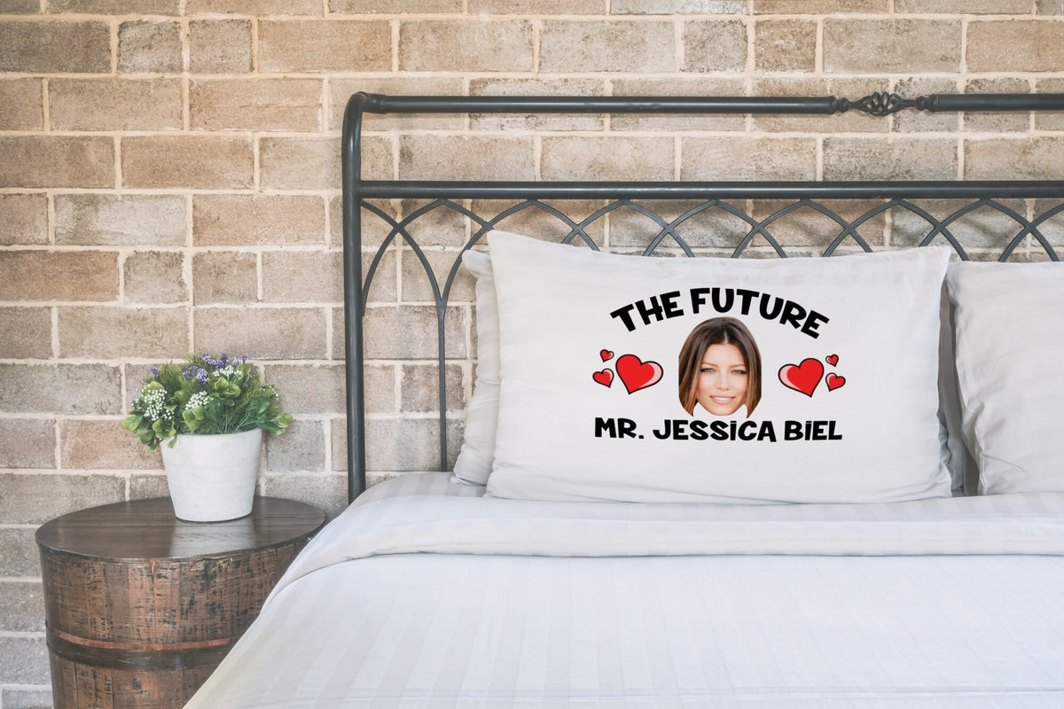 Future Mr Jessica Biel Pillow Case – Novelty Celebrity Pillowcase Gift for Superfans – Future Mr Jessica Biel pillow case printed on a white pillow on a made bed