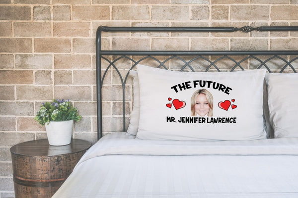 Future Mr Jennifer Lawrence pillow case printed on a white pillow on a made bed