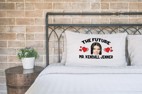 Future Mr Kendall Jenner pillow case printed on a white pillow on a made bed