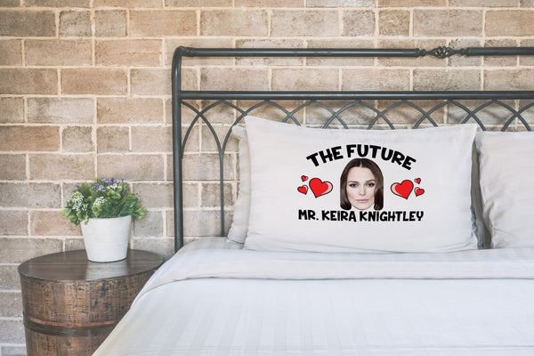 Future Mr Keira Knightley pillow case printed on a white pillow on a made bed