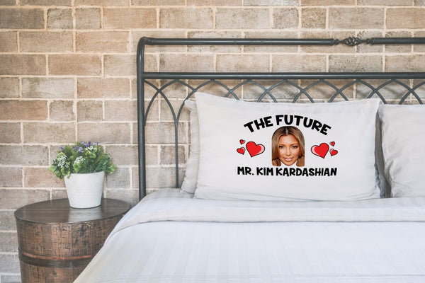 Future Mr Kim Kardashian pillow case printed on a white pillow on a made bed