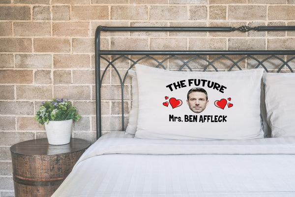 Future Mrs Ben Affleck pillow case printed on a white pillow on a made bed