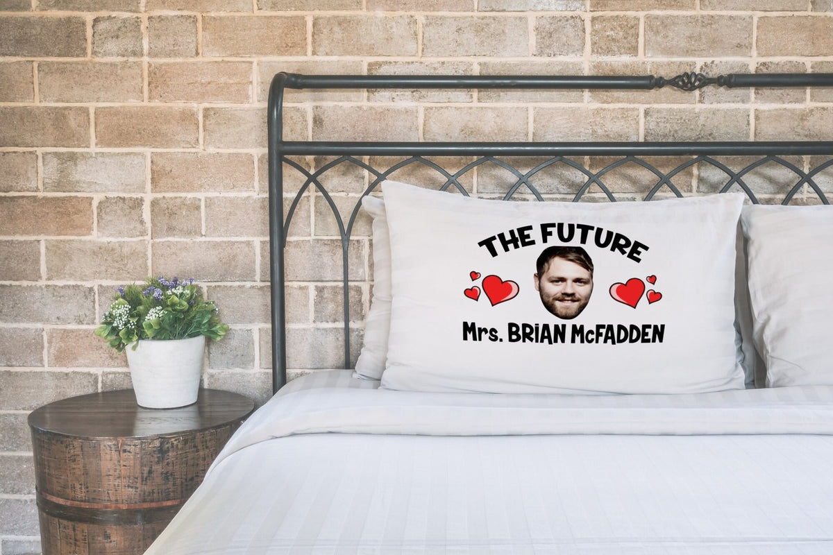 Future Mrs Brian McFadden Pillow Case – Novelty Celebrity Pillowcase Gift for Superfans – Future Mrs Brian McFadden pillow case printed on a white pillow on a made bed