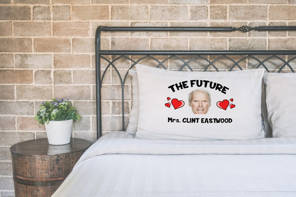 Future Mrs Clint Eastwood pillow case printed on a white pillow on a made bed