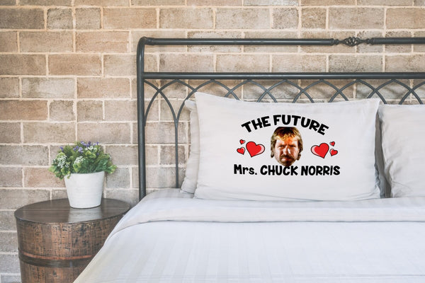 Future Mrs Chuck Norris pillow case printed on a white pillow on a made bed