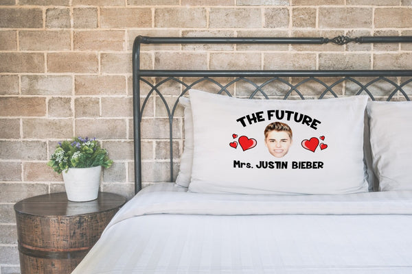 Future Mrs Justin Bieber pillow case printed on a white pillow on a made bed