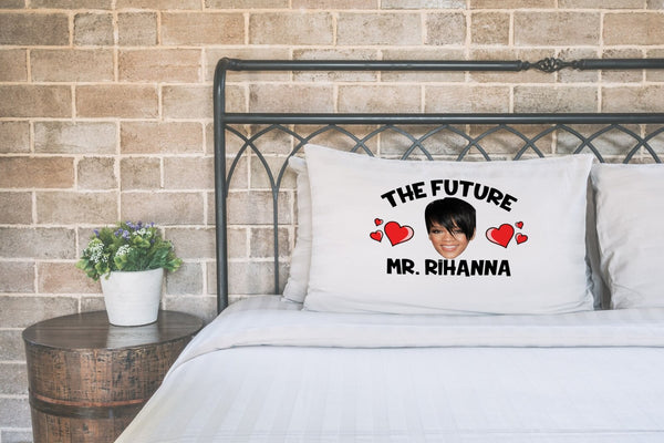 Future Mr Rihanna pillow case printed on a white pillow on a made bed