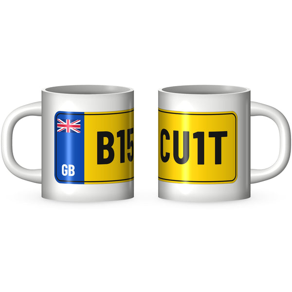 Two views of the B15 CU1T biscuit lover mug: the GB band end and the far end of the yellow number plate printed round a white 11oz ceramic mug