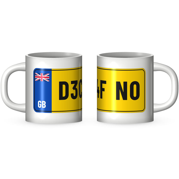 Two views of the D3C4F N0 funny coffee mug: the GB band end and the far end of the yellow number plate printed round a white 11oz ceramic mug
