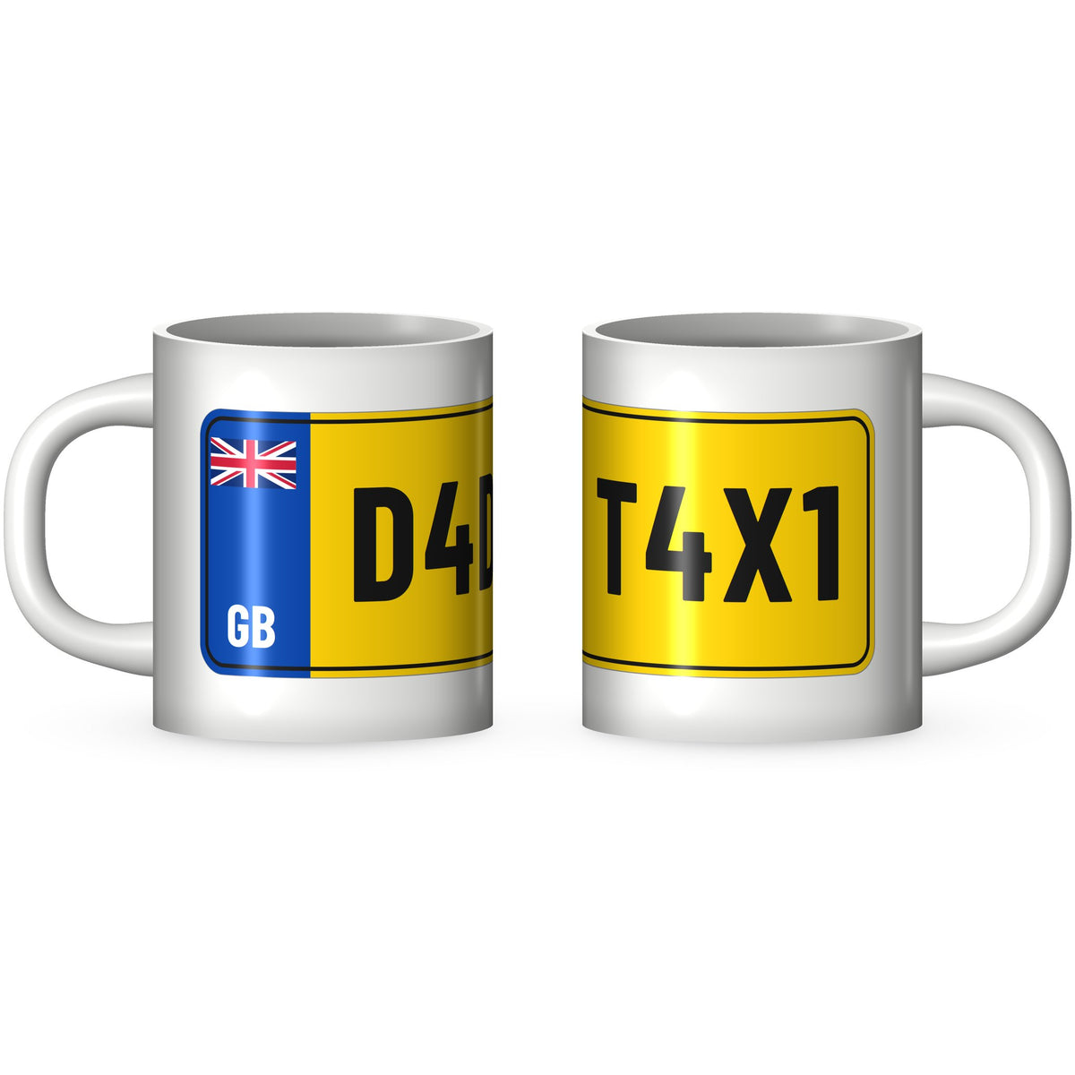 Two views of the D4D T4X1 dad taxi mug: the GB band end and the far end of the yellow number plate printed round a white 11oz ceramic mug