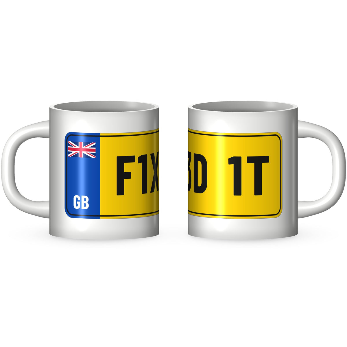 Two views of the F1X3D 1T funny mechanic mug: the GB band end and the far end of the yellow number plate printed round a white 11oz ceramic mug