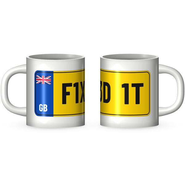 Two views of the F1X3D 1T funny mechanic mug: the GB band end and the far end of the yellow number plate printed round a white 11oz ceramic mug