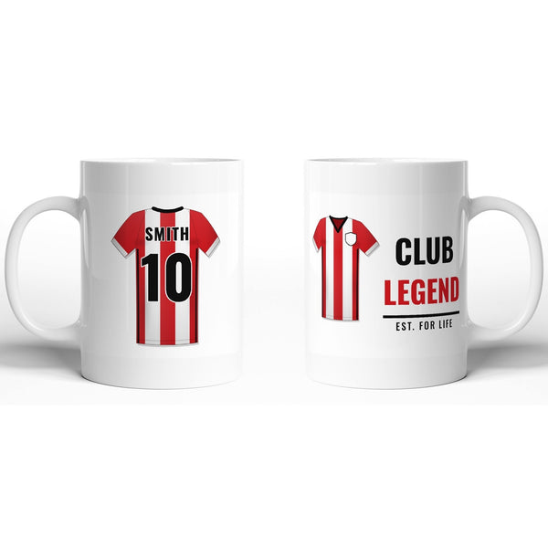 Personalised football shirt mug in red-and-white stripes – name and number on the back, CLUB LEGEND on the front