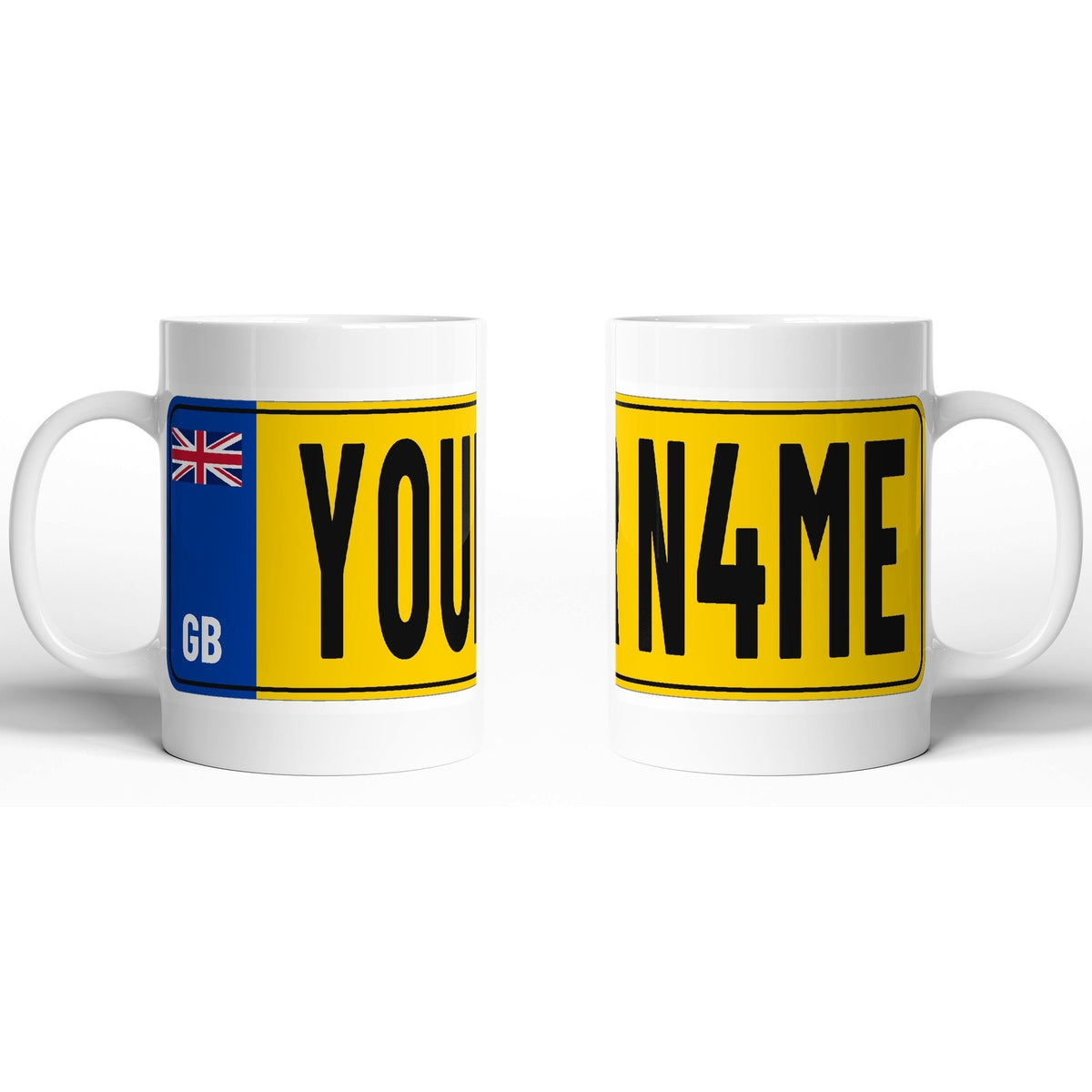 Personalised Number Plate Mug – Any Name or Text – Custom Reg Gift – 11oz Ceramic – Personalised number plate mug from both sides – white 11oz ceramic mug printed with a yellow GB plate reading YOUR NAME