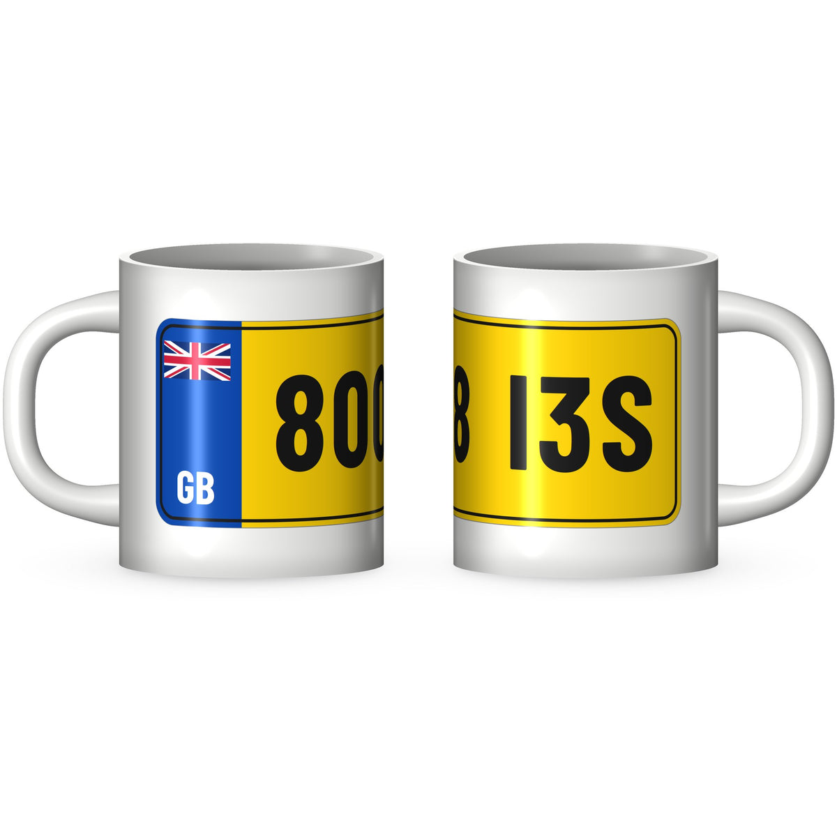 Two views of the 8008 I3S rude number plate mug: the GB band end and the far end of the yellow plate printed round a white 11oz ceramic mug