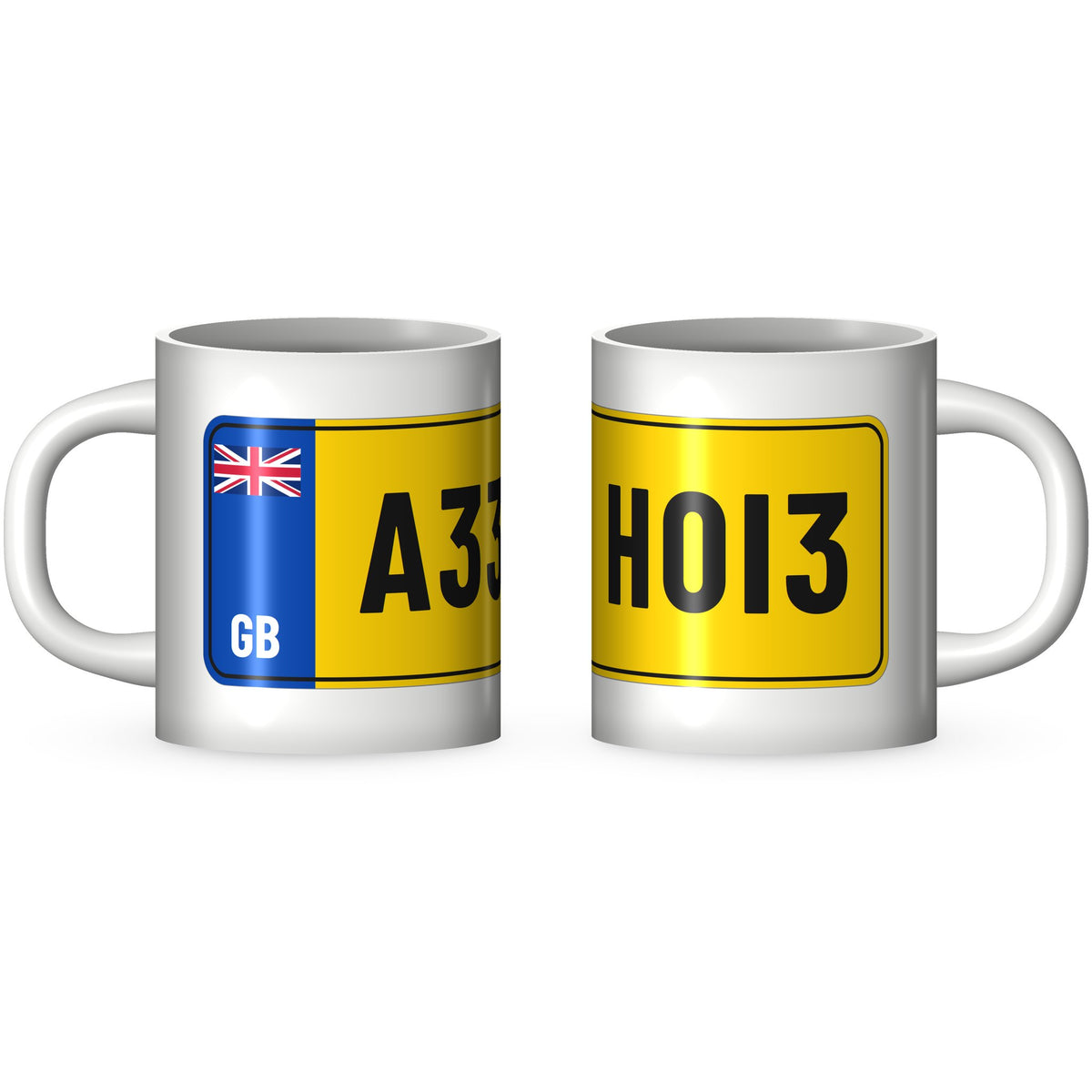Two views of the A33 HOI3 rude number plate mug: the GB band end and the far end of the yellow plate printed round a white 11oz ceramic mug