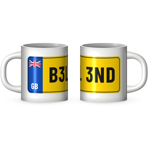 Two views of the B3LL 3ND rude number plate mug: the GB band end and the far end of the yellow plate printed round a white 11oz ceramic mug