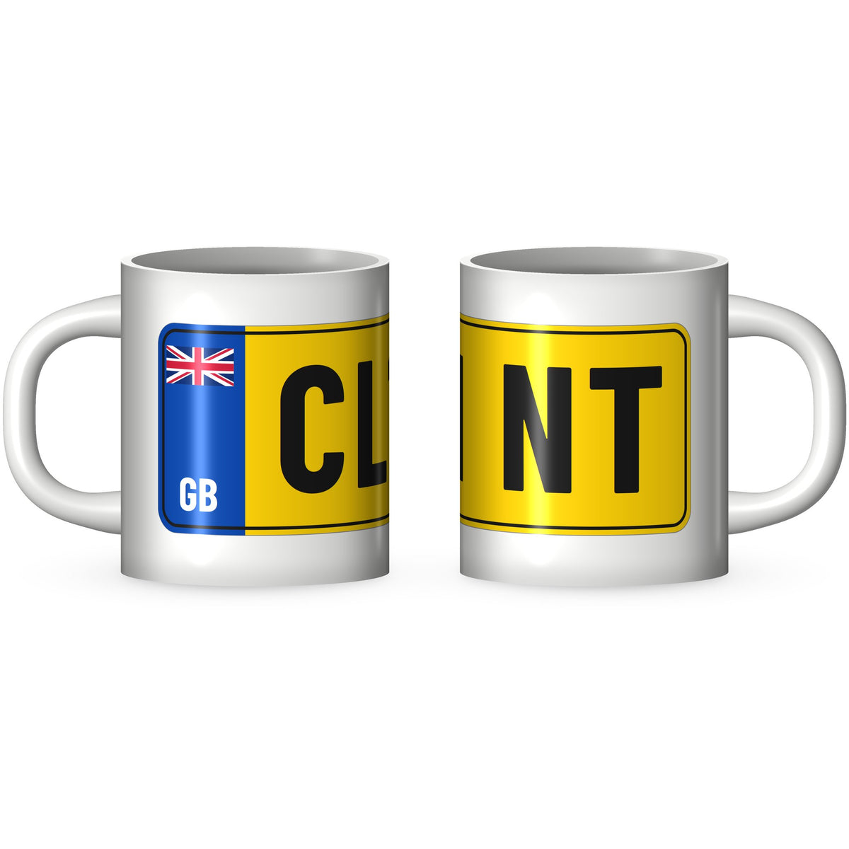 Two views of the CL1 NT rude number plate mug: the GB band end and the far end of the yellow plate printed round a white 11oz ceramic mug