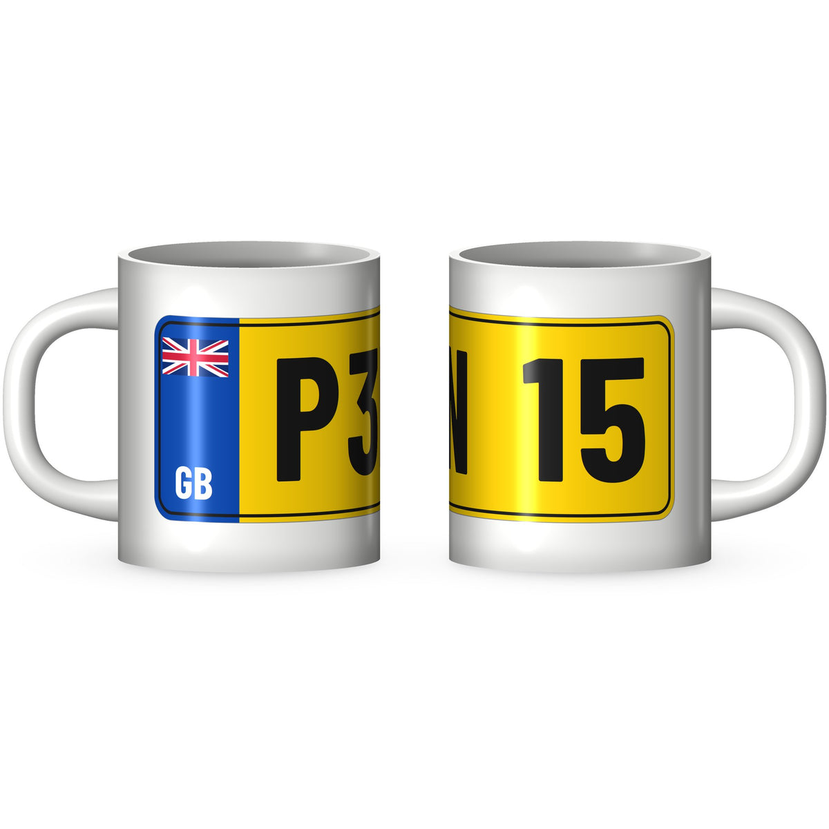 Two views of the P3N 15 rude number plate mug: the GB band end and the far end of the yellow plate printed round a white 11oz ceramic mug
