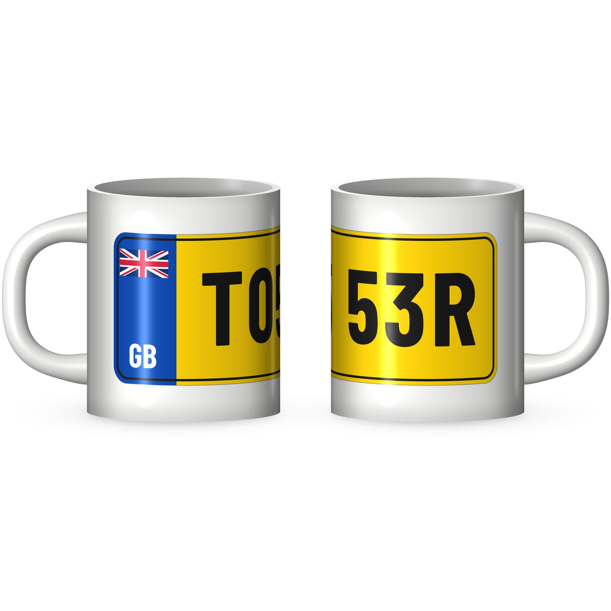Two views of the T05 53R rude number plate mug: the GB band end and the far end of the yellow plate printed round a white 11oz ceramic mug