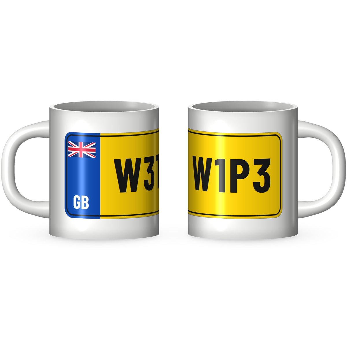 Two views of the W3T W1P3 rude number plate mug: the GB band end and the far end of the yellow plate printed round a white 11oz ceramic mug
