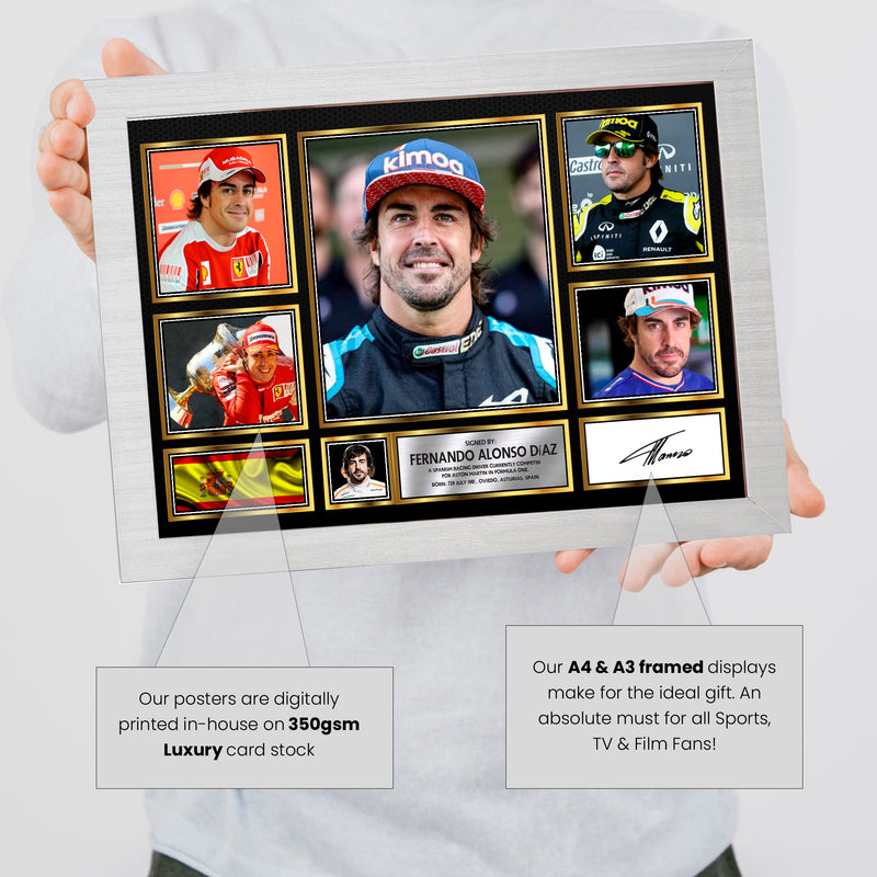 Fernando Alonso F1 Driver Limited Edition Signed Gift Poster Print Artwork Display