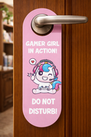 Gamer Girl in Action Do Not Disturb Door Hanger Sign – Cute Gaming Door Sign for Girls – Funny Gamer Room Door Handle Sign, Pink Gamer Girl Decor Gift, Pack of 4