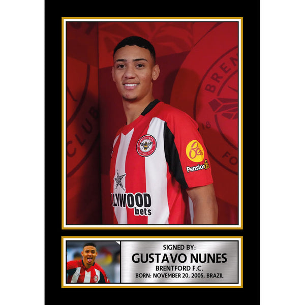 Gustavo Nunes Printed Signature Poster Print – Brentford FC Tribute Wall Art with Signature & Jersey Pose