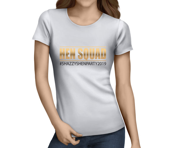 Hen squad t-shirt printed in full colour on a white tee
