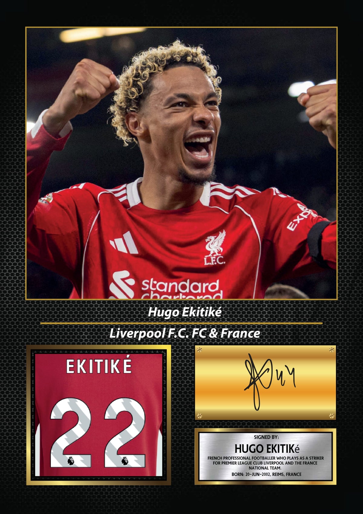 Hugo Ekitiké Printed Signature Football Wall Art – Framed Display with Liverpool & France Tribute – Collector’s Gift for Fans – Hugo Ekitiké Printed Signature Football Wall Art