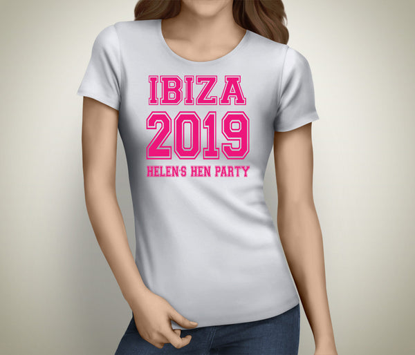 Ibiza hen party t-shirt printed in full colour on a white tee