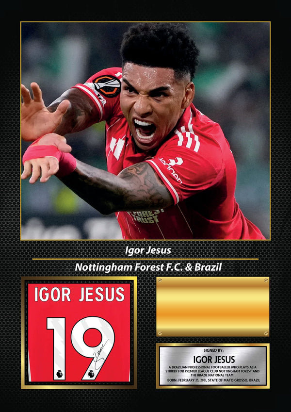 Igor Jesus Printed Signature Football Wall Art – Framed Display with Nottingham Forest & Brazil Tribute – Collector’s Gift for Fans