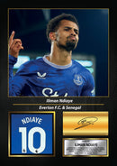 Iliman Ndiaye Printed Signed Poster – Everton FC & Senegal Midfielder Tribute Wall Art with Jersey & Bio Plaque – Premier League Football Memorabilia for Fans & Collectors