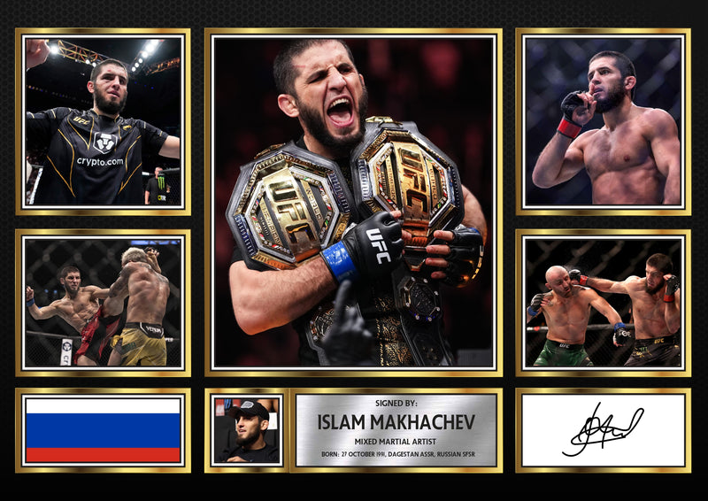 Islam Makhachev Signed Poster Print – UFC Champion Collage with Career Highlights & Signature – MMA Wall Art for Fans & Collectors