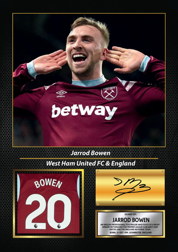 Jarrod Bowen Printed Signature Poster – West Ham United & England Midfielder Tribute Wall Art with Jersey & Bio Plaque