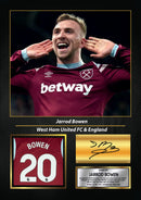 Jarrod Bowen Printed Signed Poster – West Ham United & England Midfielder Tribute Wall Art with Jersey & Bio Plaque – Premier League Football Memorabilia for Fans & Collectors