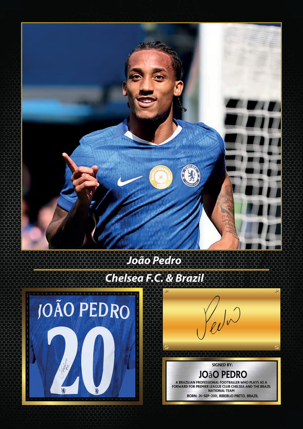 João Pedro Printed Signature Poster – Chelsea FC & Brazil Forward Tribute Wall Art with Jersey & Bio Plaque