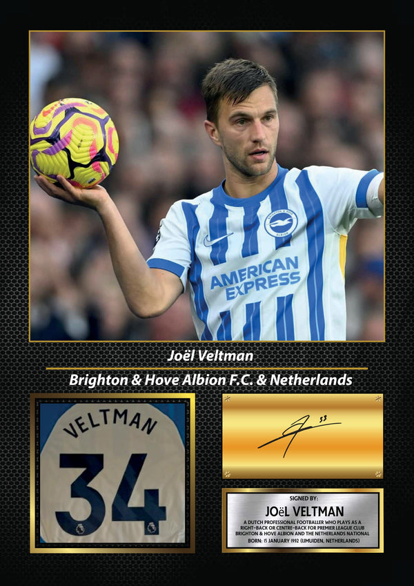 Joël Veltman Printed Signature Football Wall Art – Framed Display with Brighton & Netherlands Tribute – Collector’s Gift