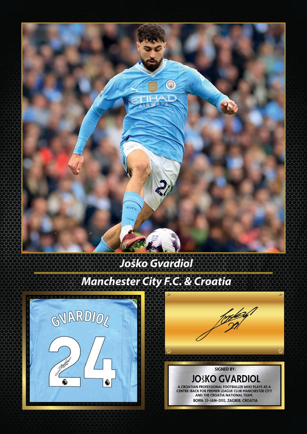 Joško Gvardiol Printed Signature Poster – Manchester City FC & Croatia Defender Tribute Wall Art with Jersey & Bio Plaque