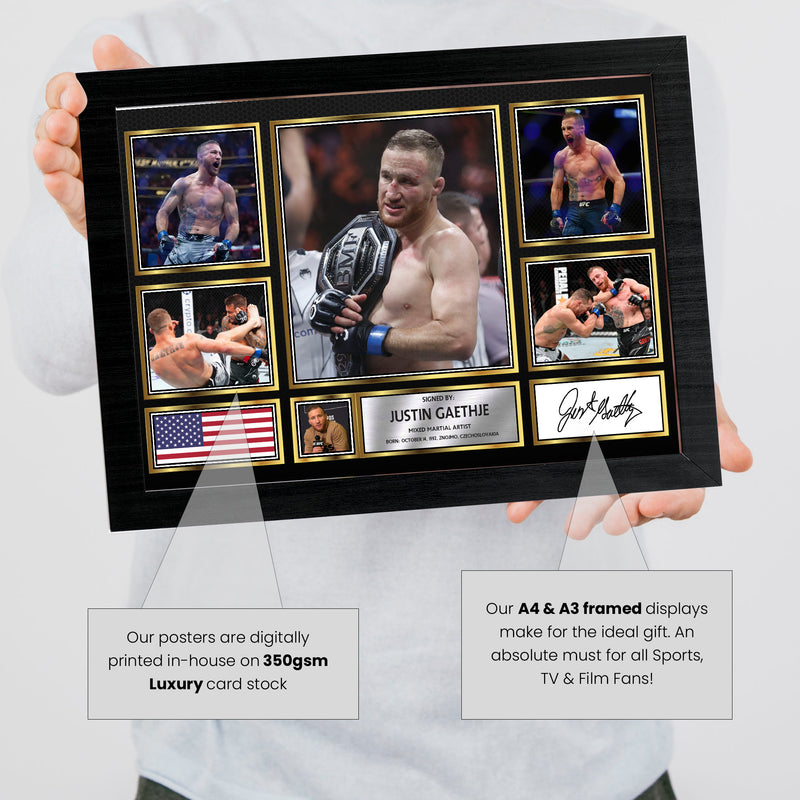 Justin Gaethje UFC FIighters Framed Autographed Print - Limited Edition Autograph Fan Gift – Collectible Memorabilia Merchandise