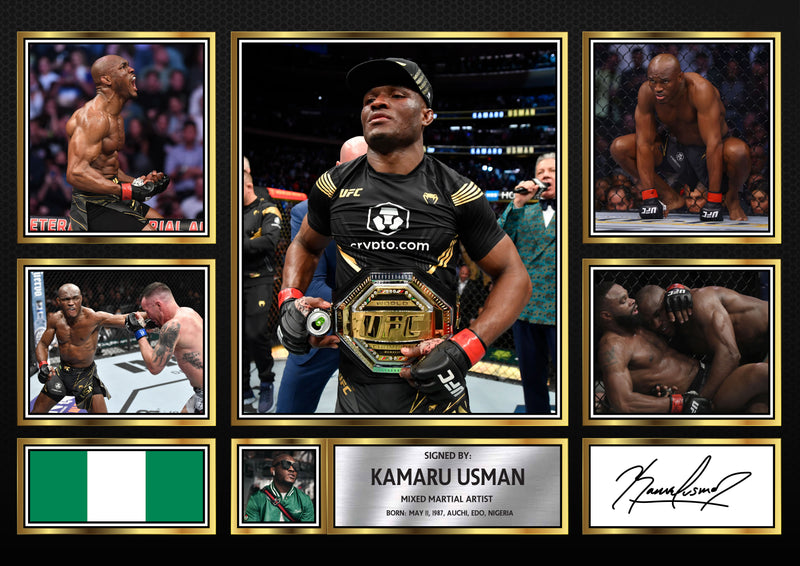 Kamaru Usman UFC FIighters Framed Autographed Print - Limited Edition Autograph Fan Gift – Collectible Memorabilia Merchandise