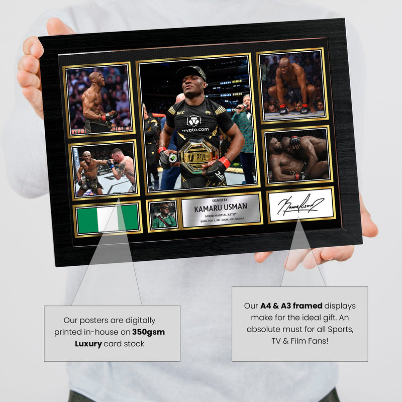 Kamaru Usman UFC FIighters Framed Autographed Print - Limited Edition Autograph Fan Gift – Collectible Memorabilia Merchandise